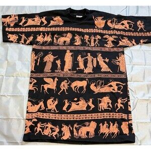 Vintage Greek Mythology Shirt Mens Medium Black All Over Print Made USA 90s